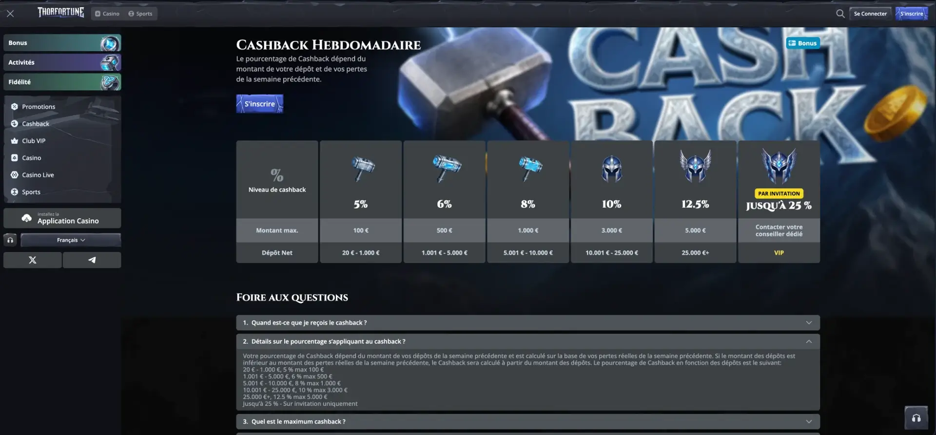 Cashback hebdomadaire Thor Fortune