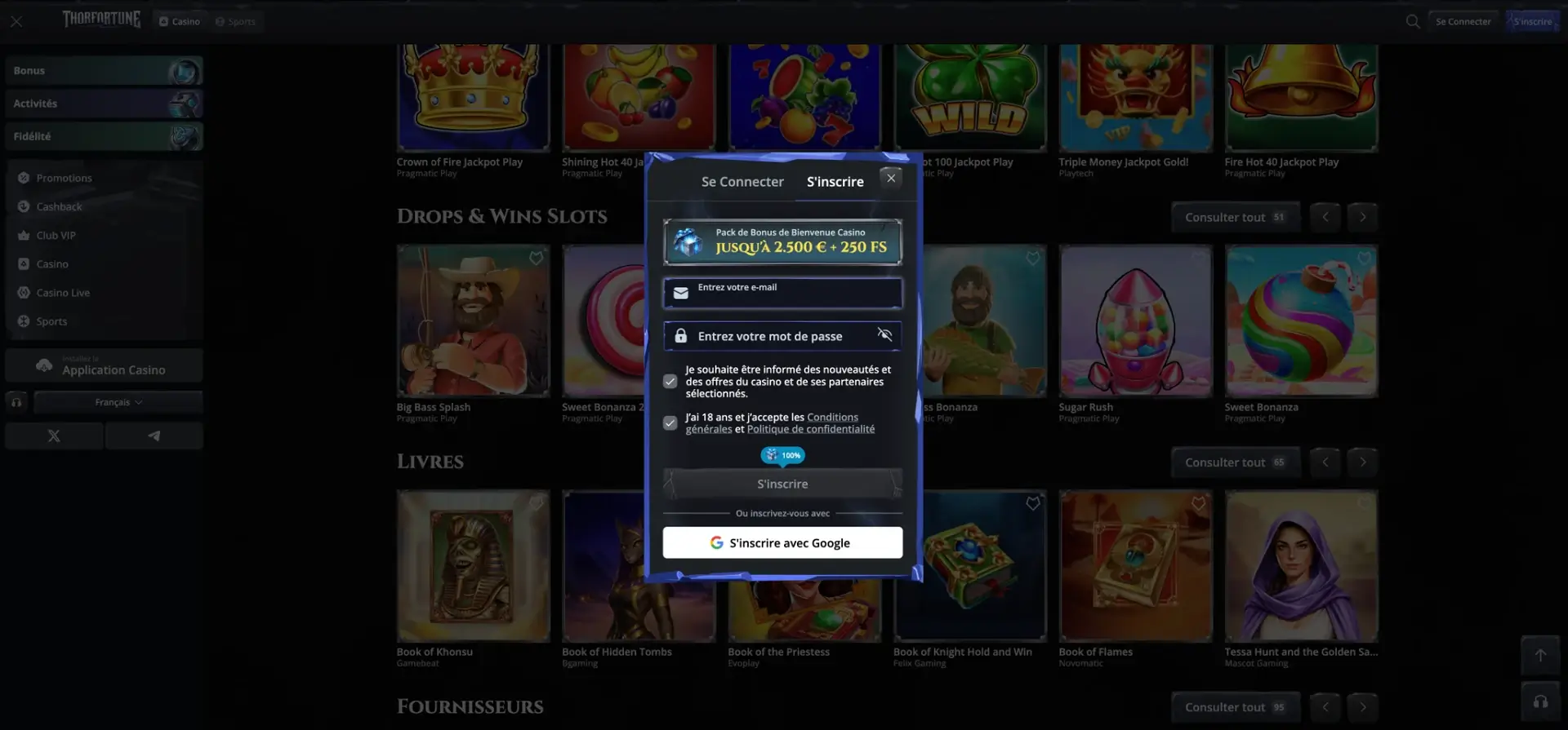 Thor Fortune application - interface de Thor Fortune