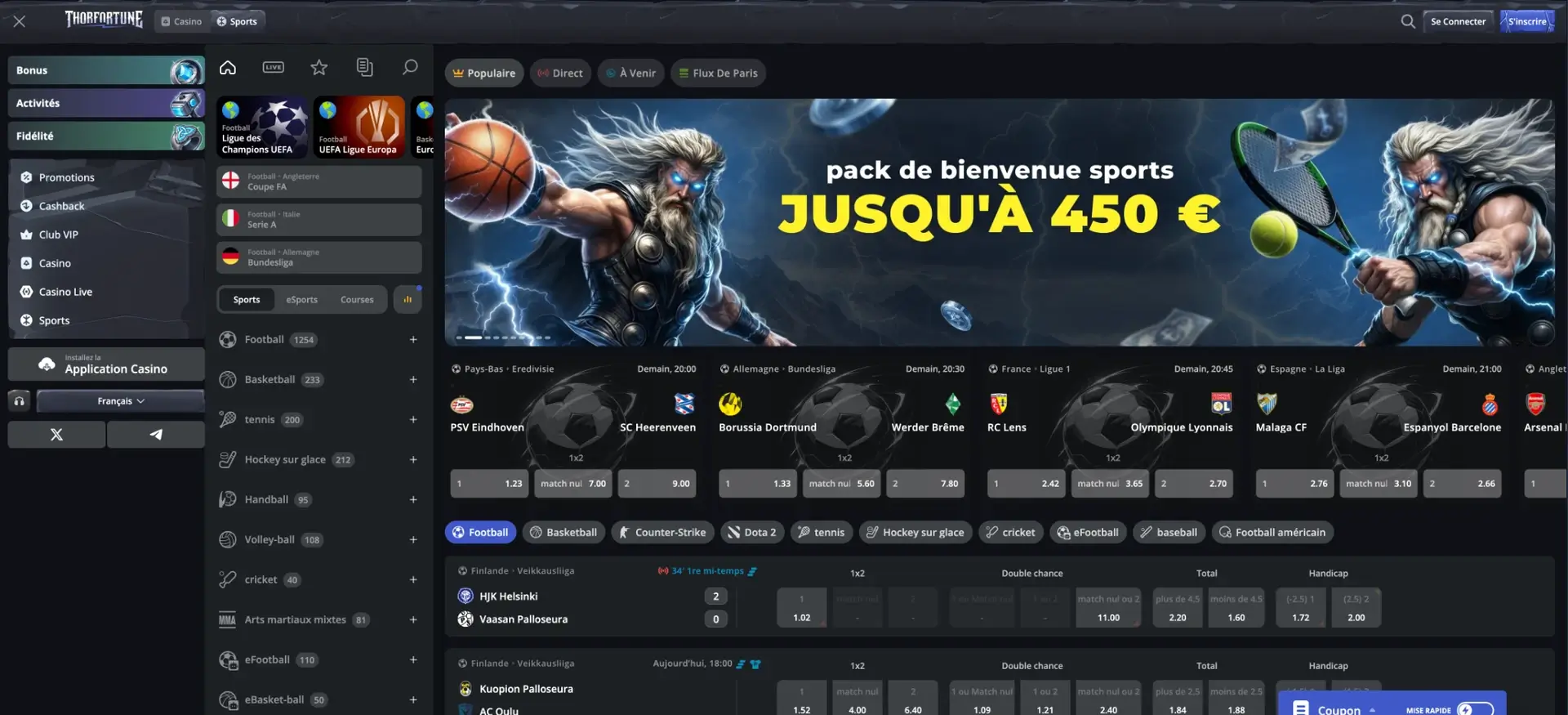 Thor Fortune paris sportifs - interface de Thor Fortune