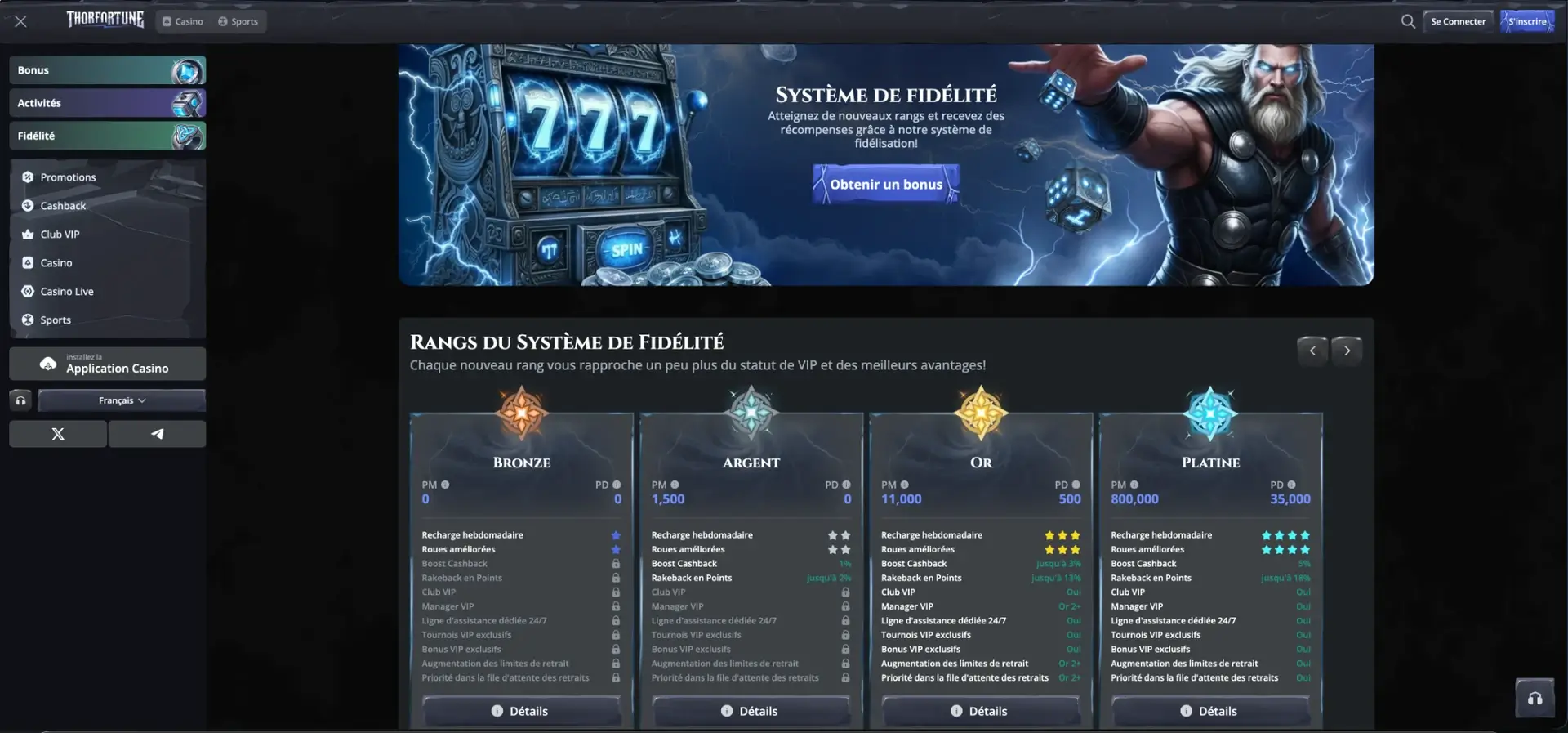 Thor Fortune retrait - interface de Thor Fortune
