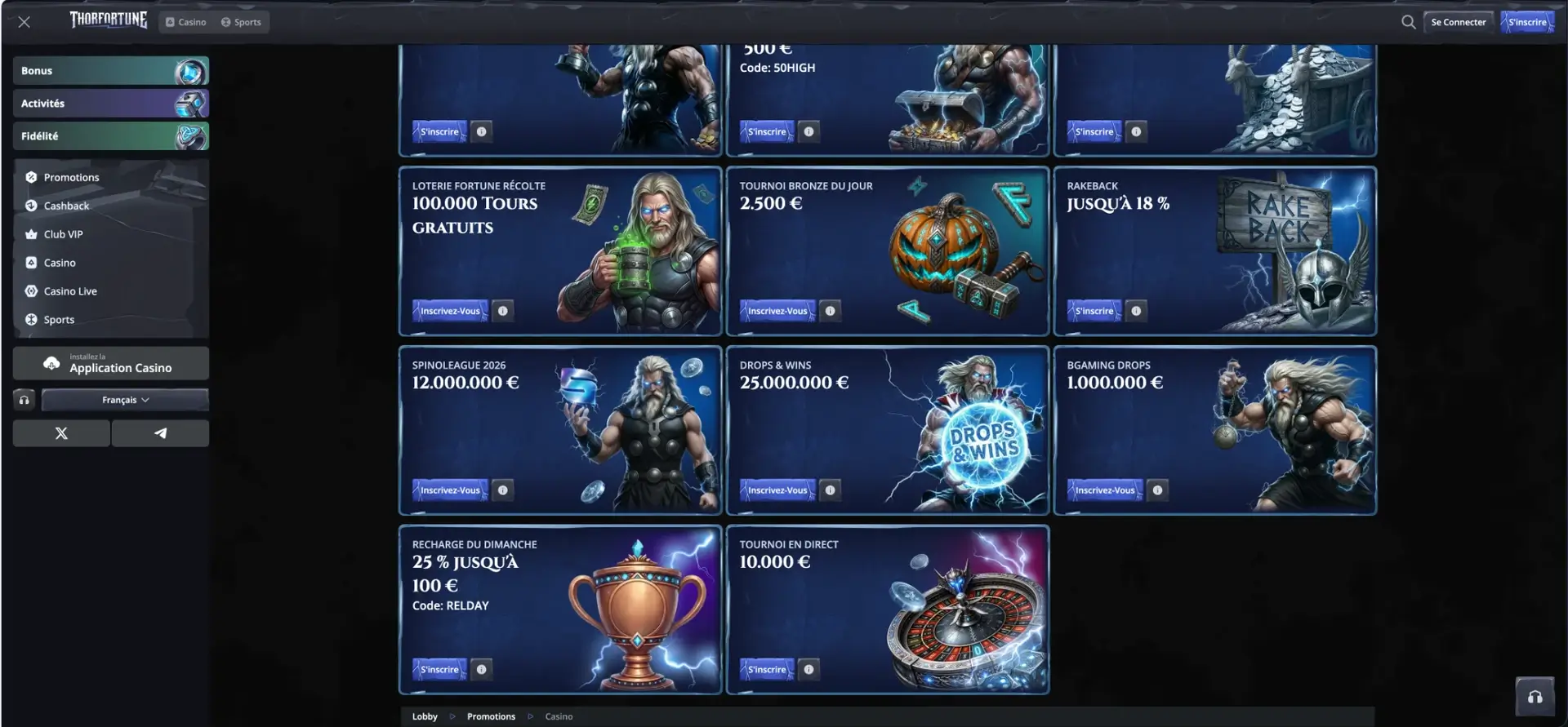 Promotions, tournois et cashback Thor Fortune